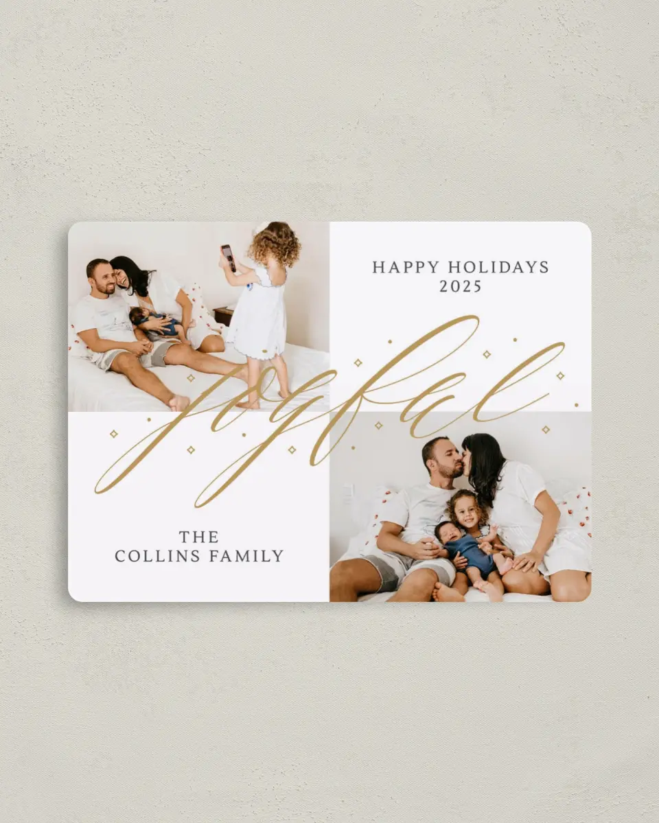 This is a 4" x 5½" Christmas Card called Joyful Script printed in full color with a Luxe Satin finish