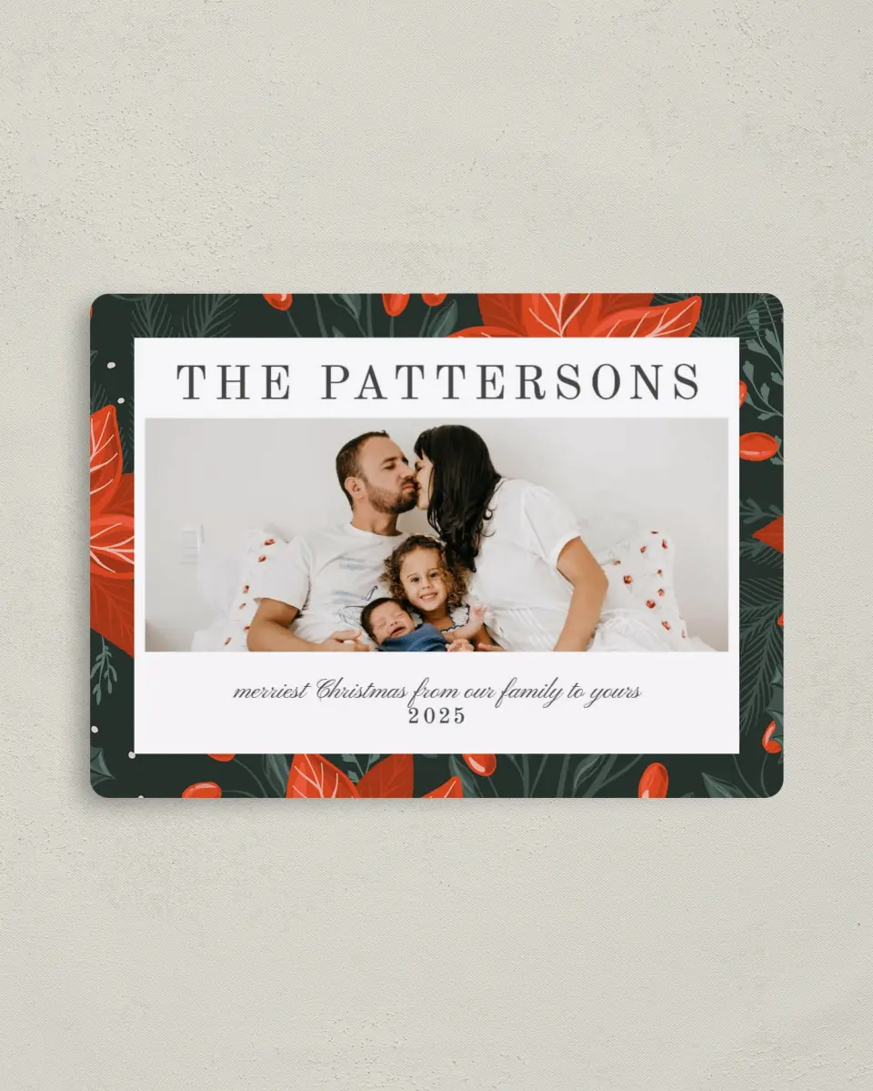 This is a 4" x 5½" Christmas Card called Poinsettia Pattern printed in full color with a Luxe Satin finish