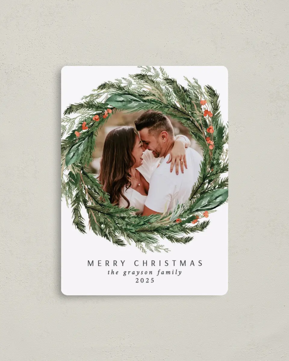 This is a 4" x 5½" Christmas Card called Warm Wreath printed in full color with Silver foil and a Luxe Satin finish