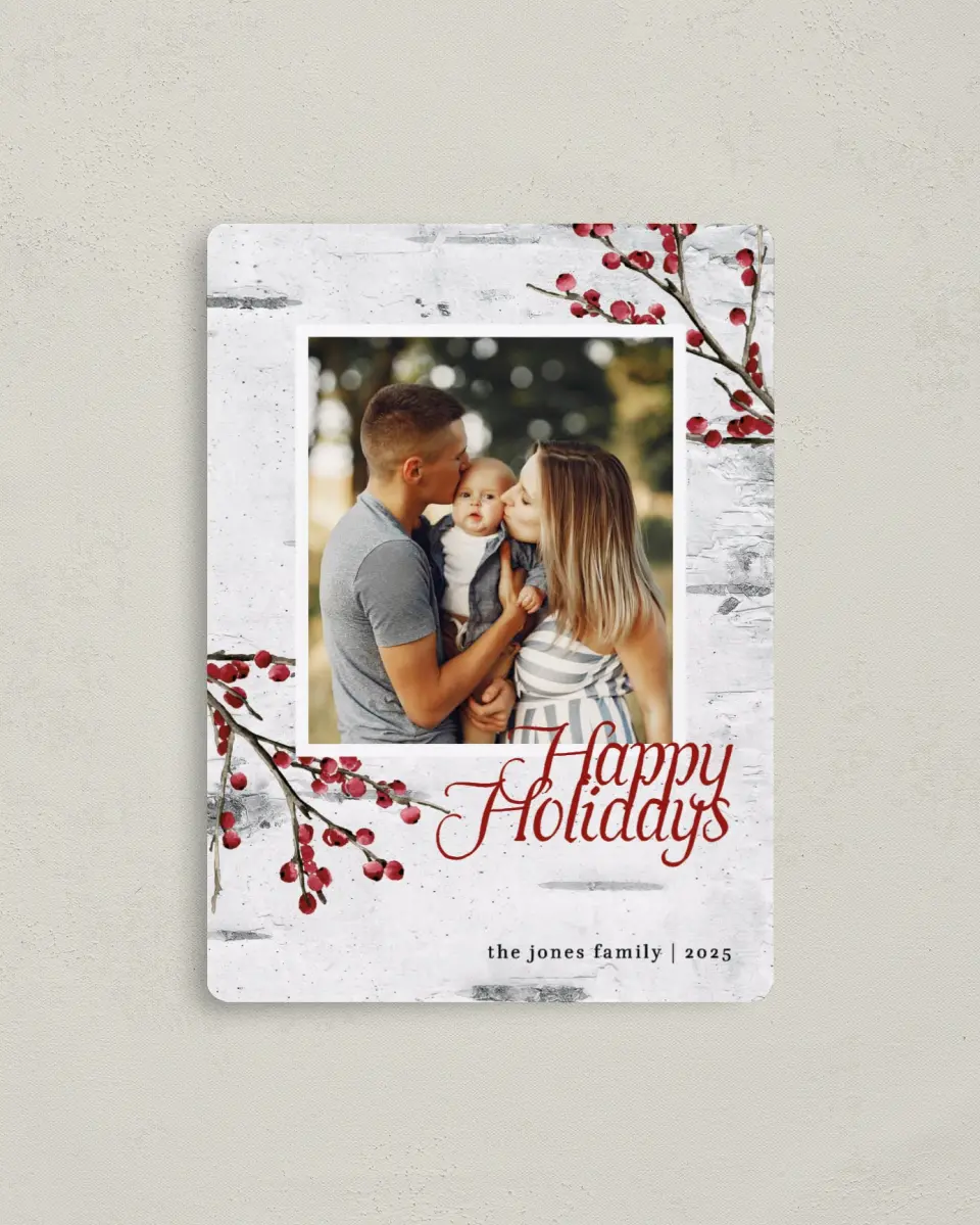 This is a 4" x 5½" Christmas Card called Beloved Birch printed in full color with a Luxe Satin finish