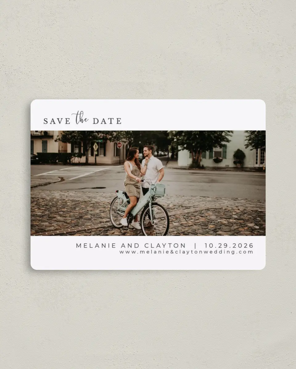 This is a 4" x 5½" Save the Date Magnet called Natural Love printed in full color with a Luxe Satin finish