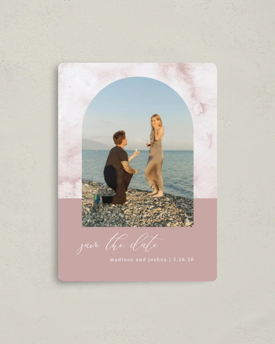 This is a 4" x 5½" Save the Date Magnet called Gentle Touch printed in full color with a Luxe Satin finish
