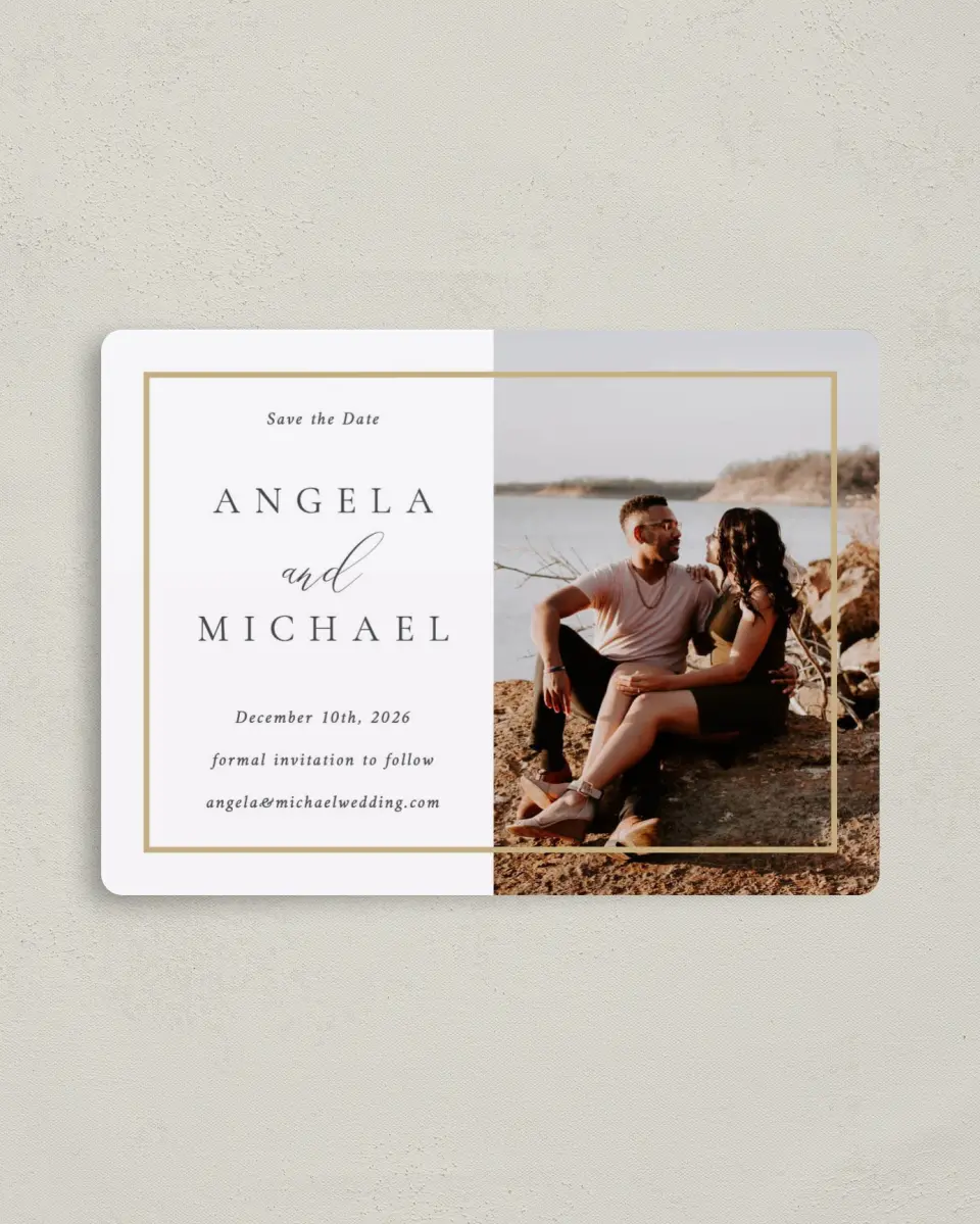 This is a 4" x 5½" Save the Date Magnet called Rich Structure printed in full color with a Luxe Satin finish