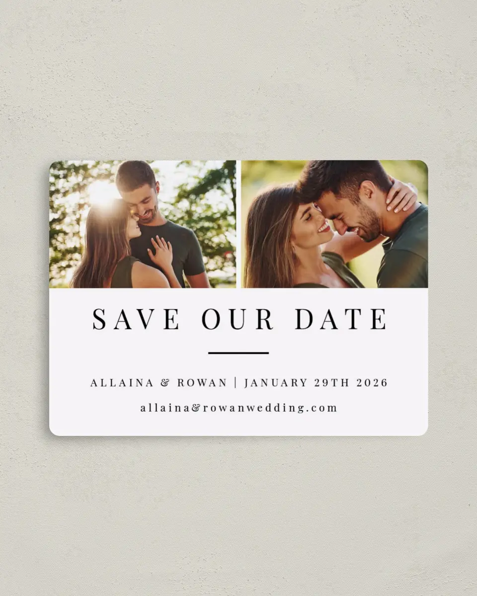 This is a 4" x 5½" Save the Date Magnet called Pure Devotion printed in full color with a Luxe Satin finish