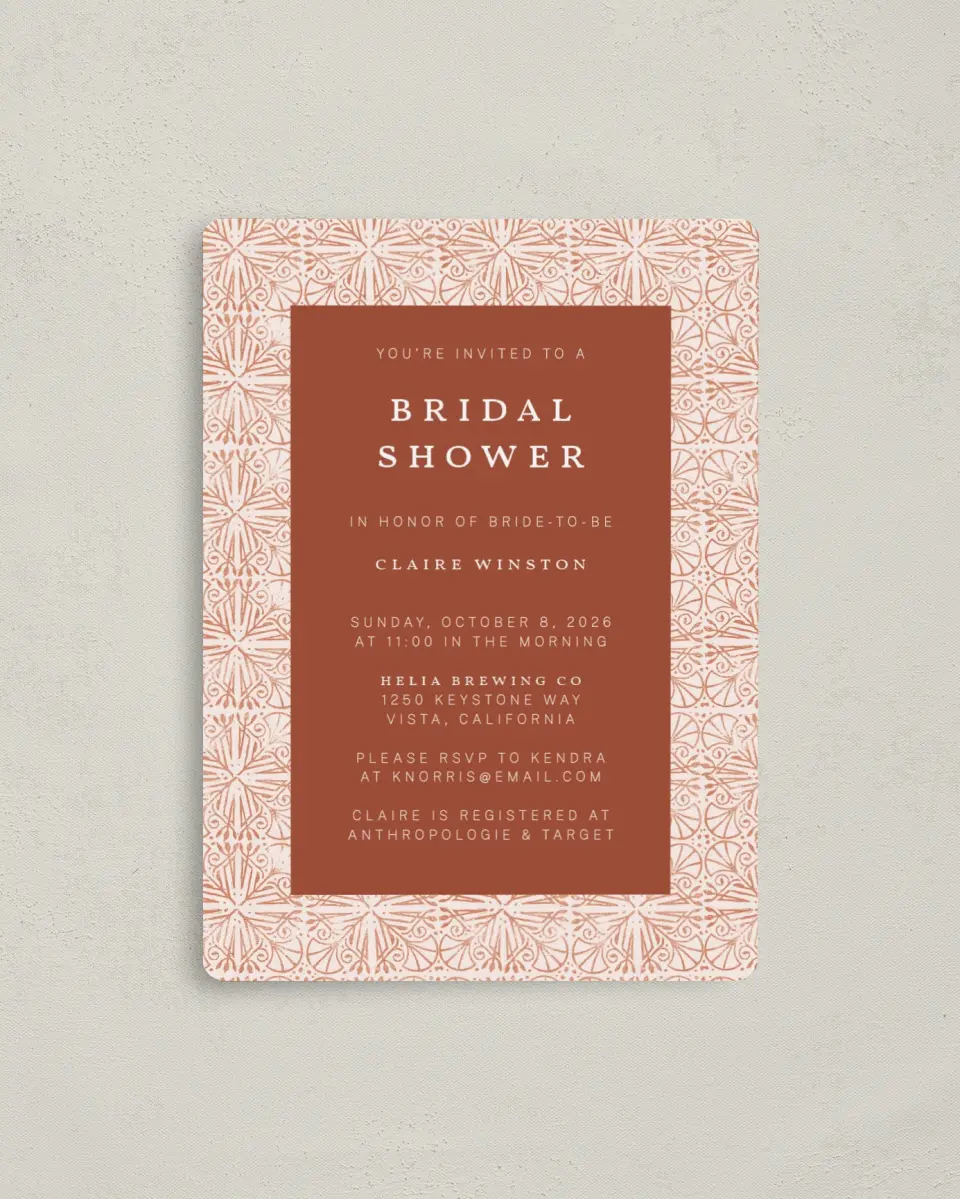 This is a 4" x 5½" Bridal Shower Invitation Magnet called Stamped Shower printed in full color with a Luxe Satin finish