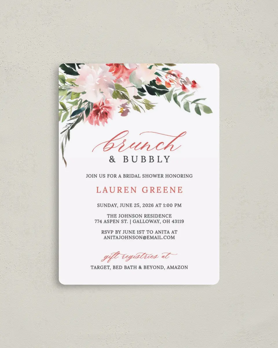 This is a 4" x 5½" Bridal Shower Invitation Magnet called Blooming Brunch printed in full color with a Luxe Satin finish