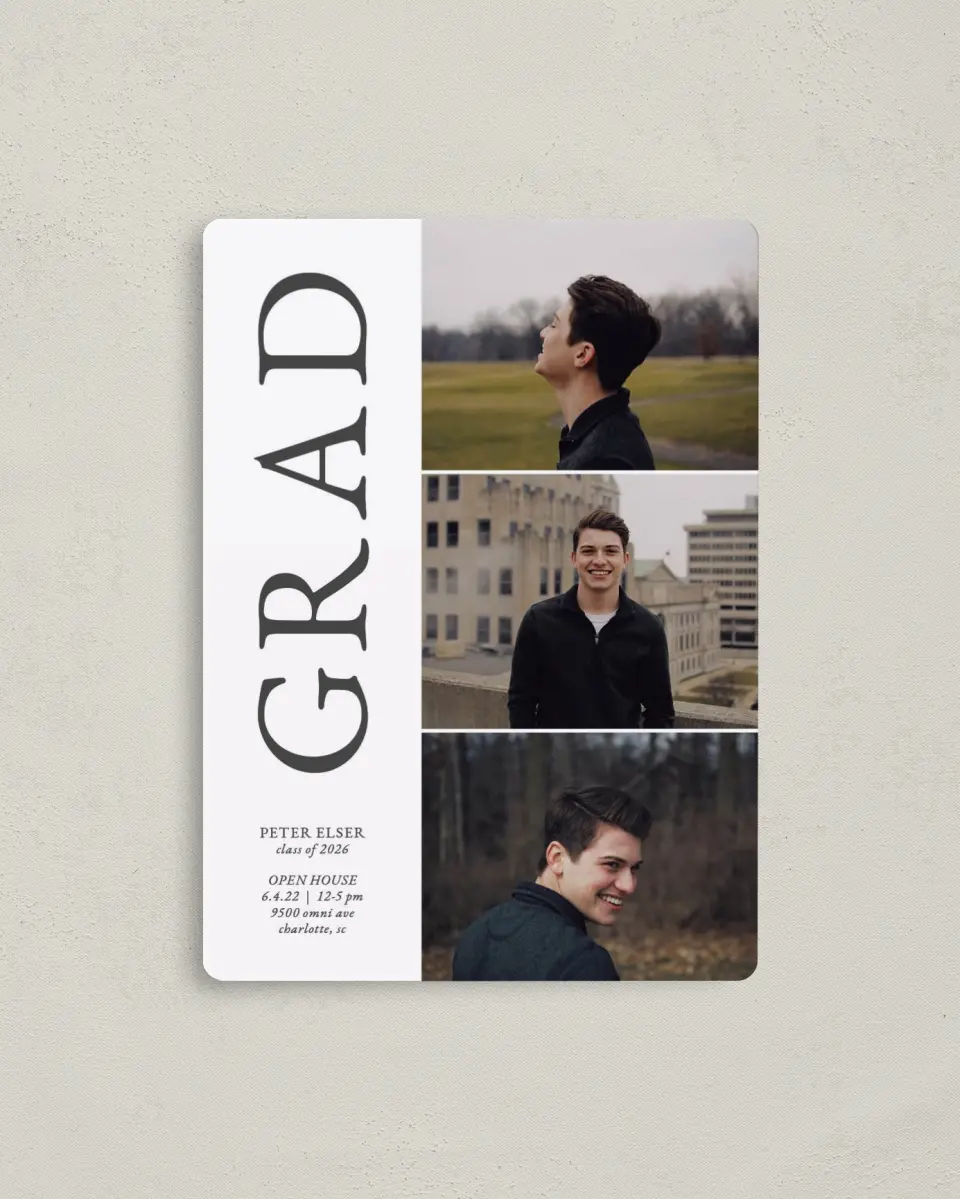 This is a 4" x 5½" Graduation Announcement Magnet called Grand Grad printed in full color with a Luxe Satin finish