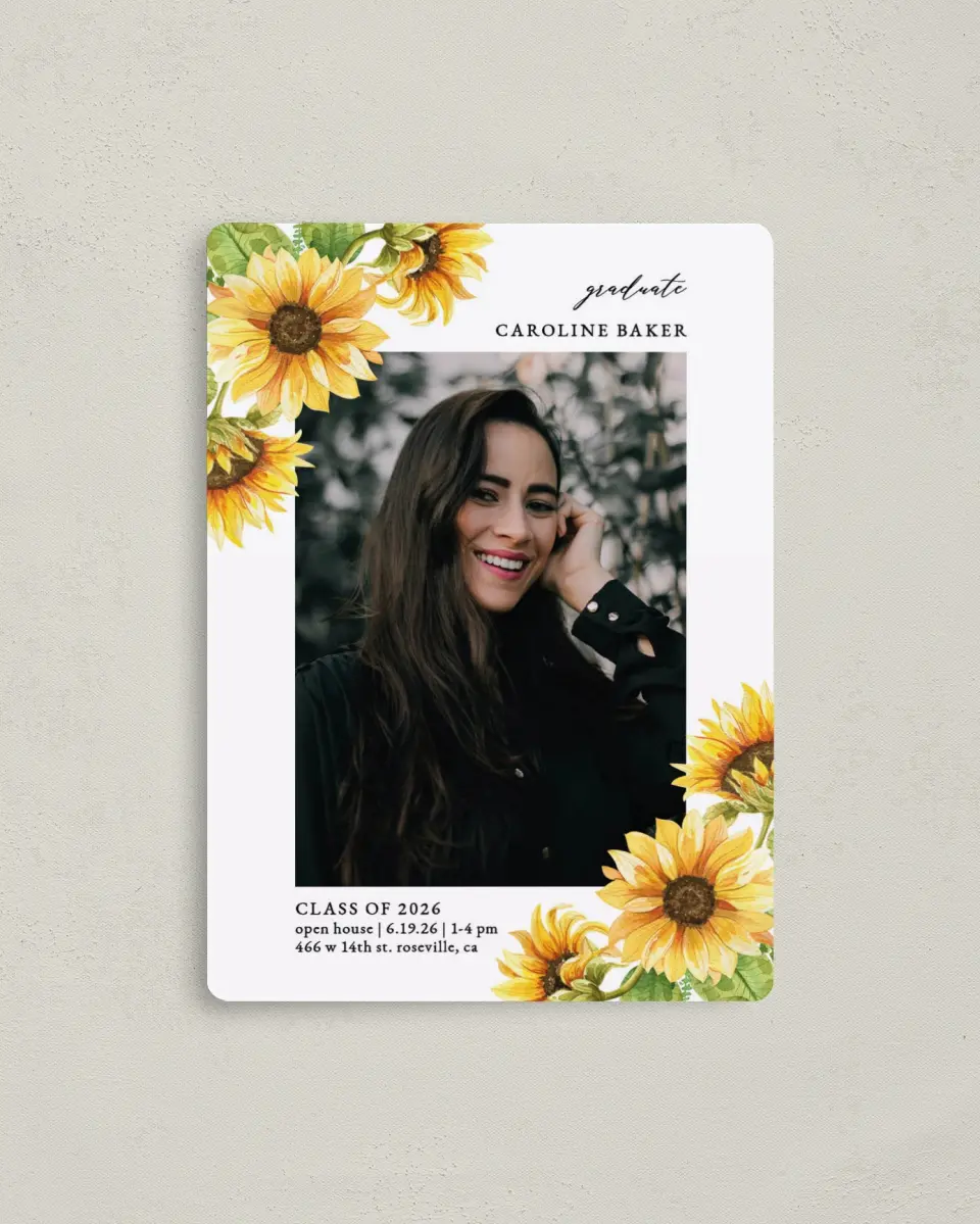 This is a 4" x 5½" Graduation Announcement Magnet called Sunflower Student printed in full color with a Luxe Satin finish