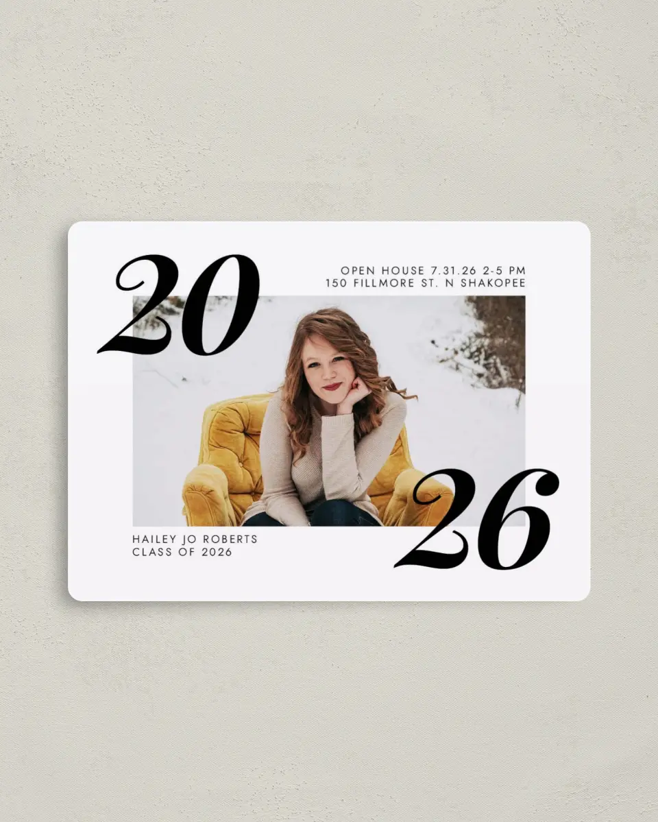 This is a 4" x 5½" Graduation Announcement Magnet called Big Year printed in full color with a Luxe Satin finish