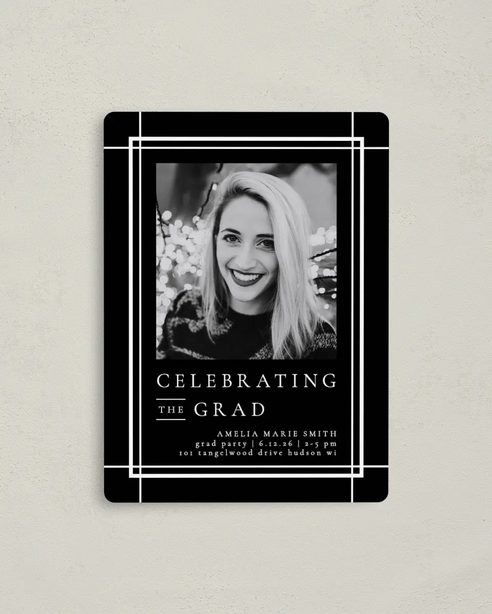 This is a 4" x 5½" Graduation Announcement Magnet called Modern Celebration printed in full color with a Luxe Satin finish