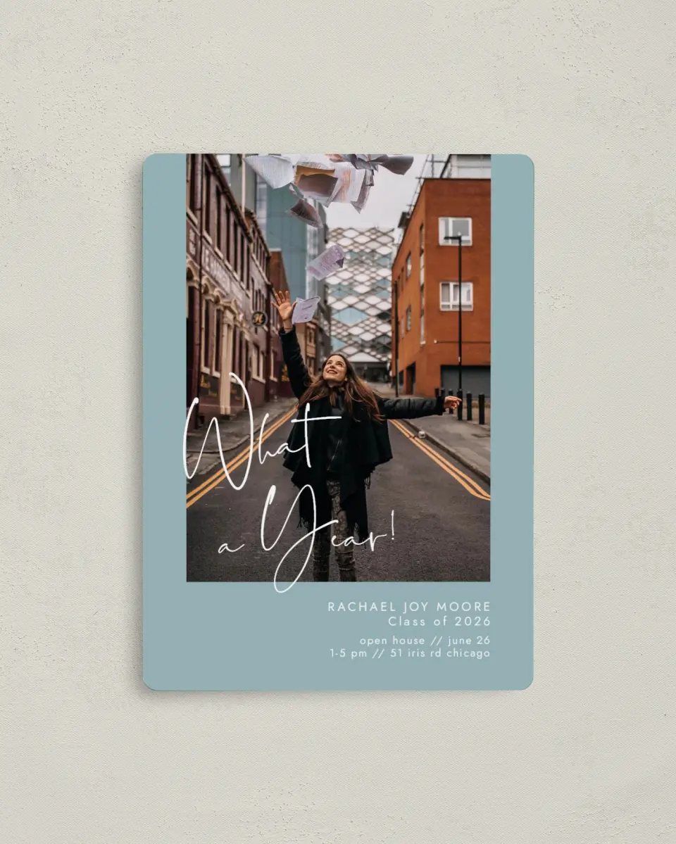 This is a 4" x 5½" Graduation Announcement Magnet called Yearly Proclaim printed in full color with a Luxe Satin finish