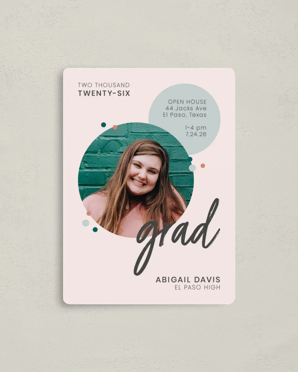 This is a 4" x 5½" Graduation Announcement Magnet called Class Ring printed in full color with a Luxe Satin finish