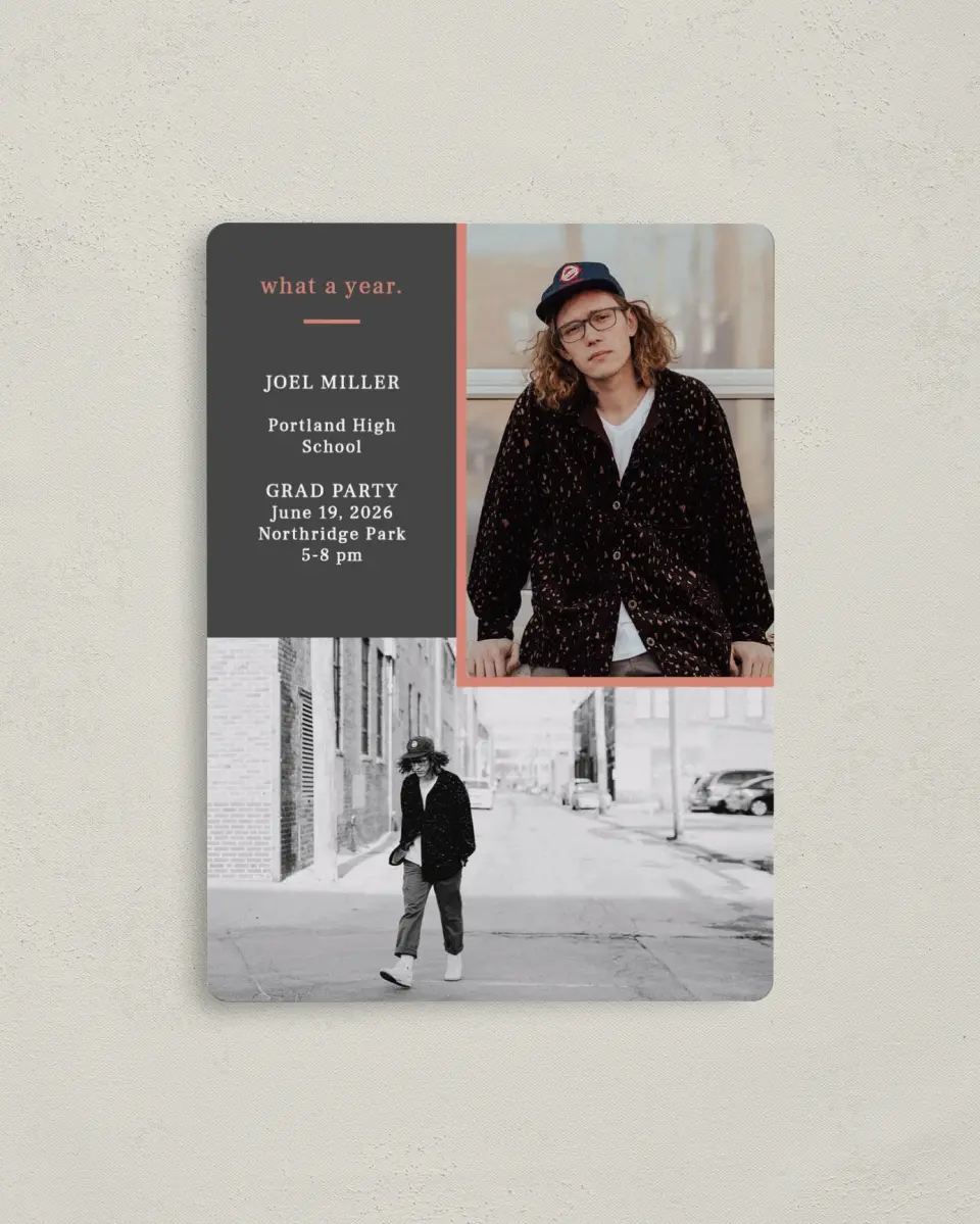 This is a 4" x 5½" Graduation Announcement Magnet called Duo Pix printed in full color with a Luxe Satin finish