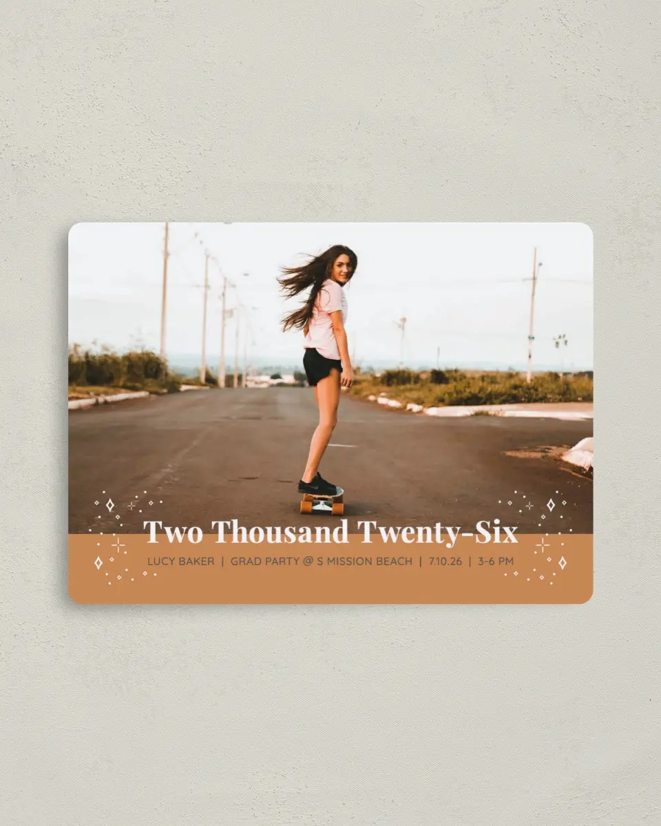 This is a 4" x 5½" Graduation Announcement Magnet called Recorded Year printed in full color with a Luxe Satin finish