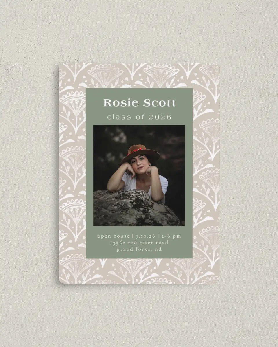This is a 4" x 5½" Graduation Announcement Magnet called Classy Pattern printed in full color with a Luxe Satin finish