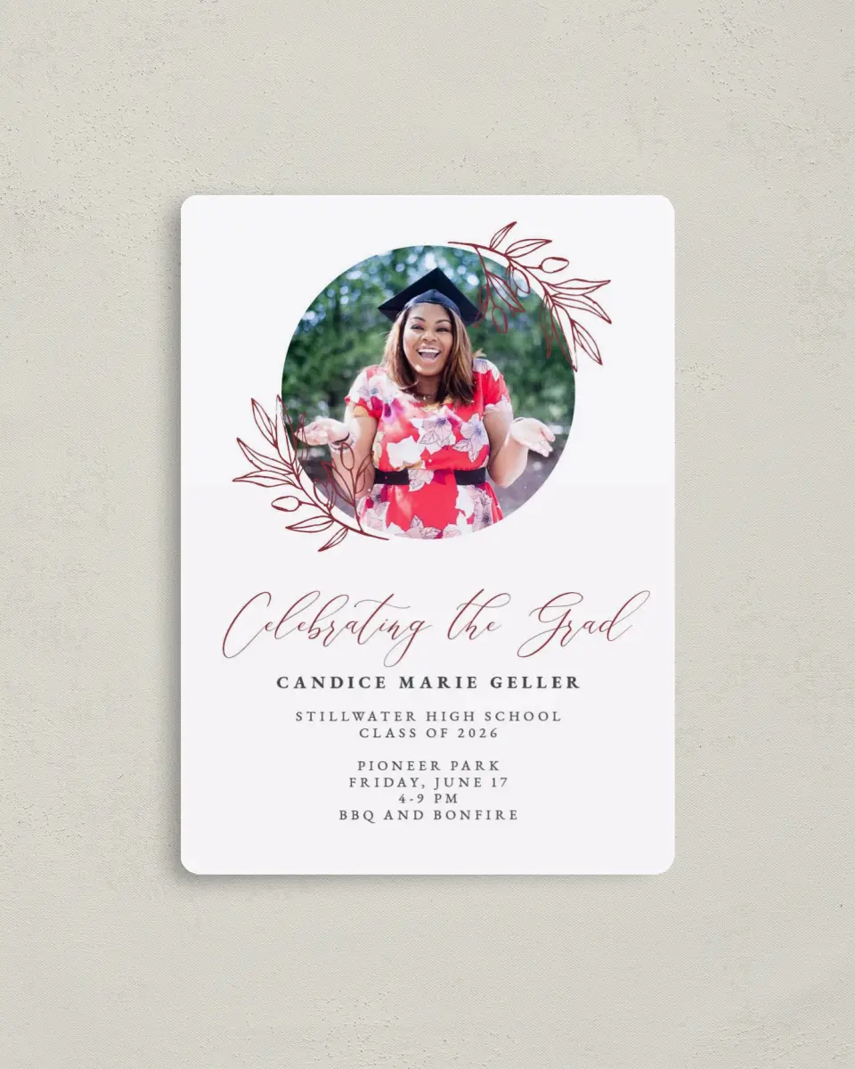 This is a 4" x 5½" Graduation Announcement Magnet called Celebrating the Grad printed in full color with a Luxe Satin finish