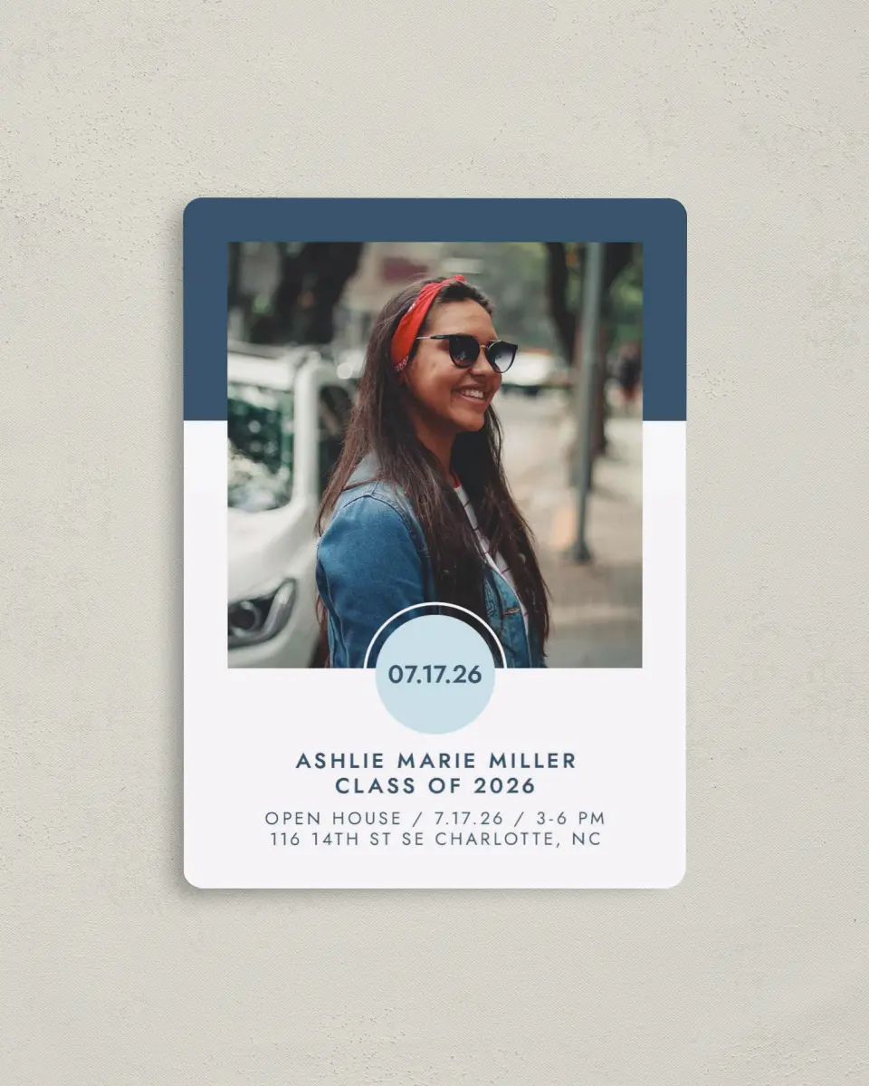 This is a 4" x 5½" Graduation Announcement Magnet called Grad Date printed in full color with a Luxe Satin finish