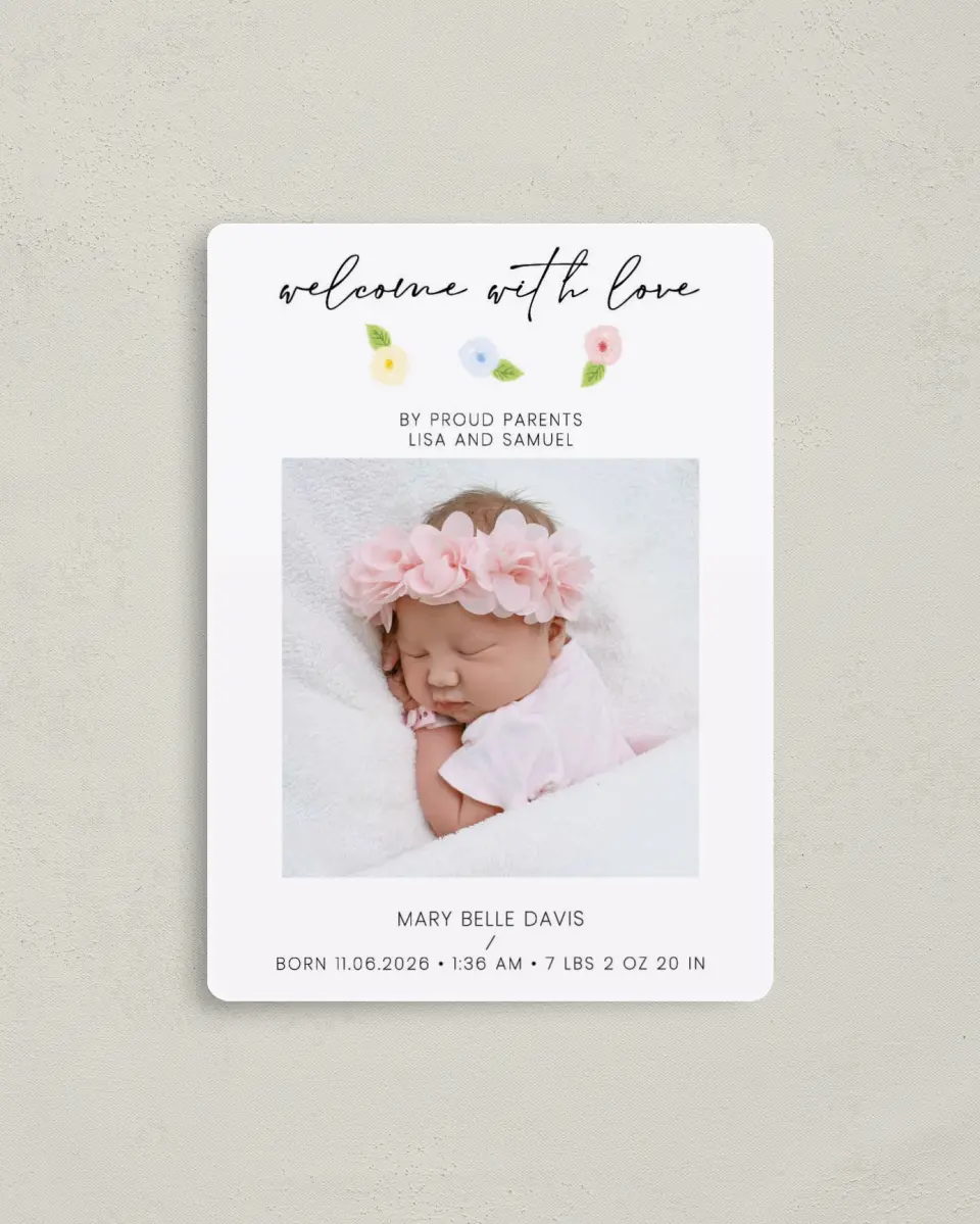This is a 4" x 5½" Birth Announcement Magnet called Welcome Little Flower printed in full color with Silver foil and a Luxe Satin finish