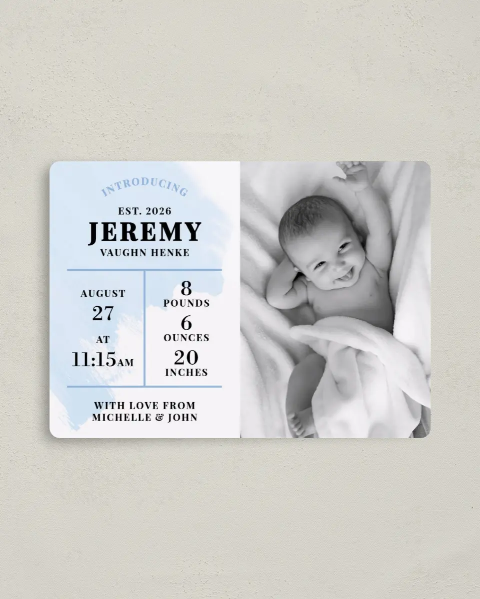 This is a 4" x 5½" Birth Announcement Magnet called Watercolor Wash printed in full color with Rose Gold foil and a Luxe Satin finish