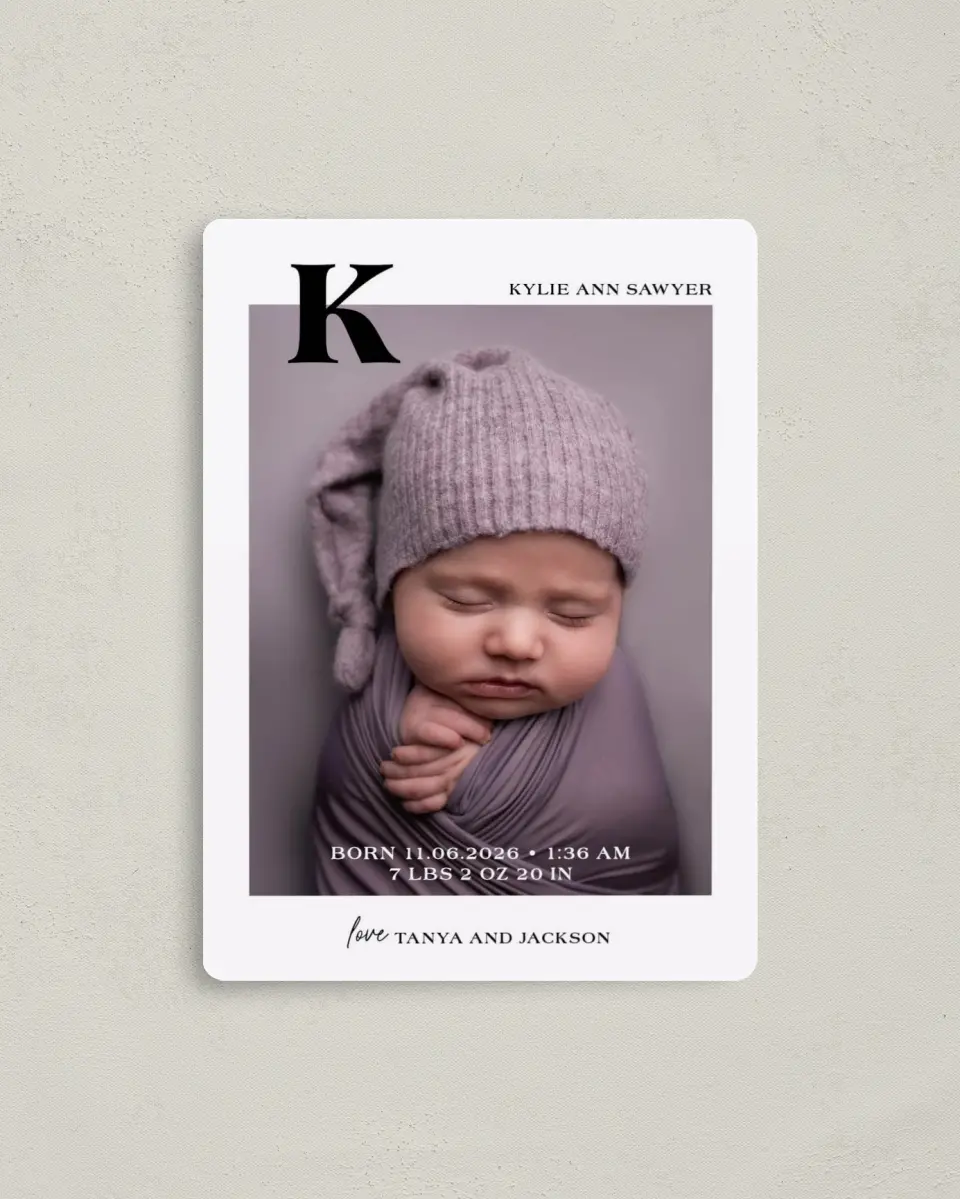 This is a 4" x 5½" Birth Announcement Magnet called Sweet Monogram printed in full color with a Luxe Satin finish