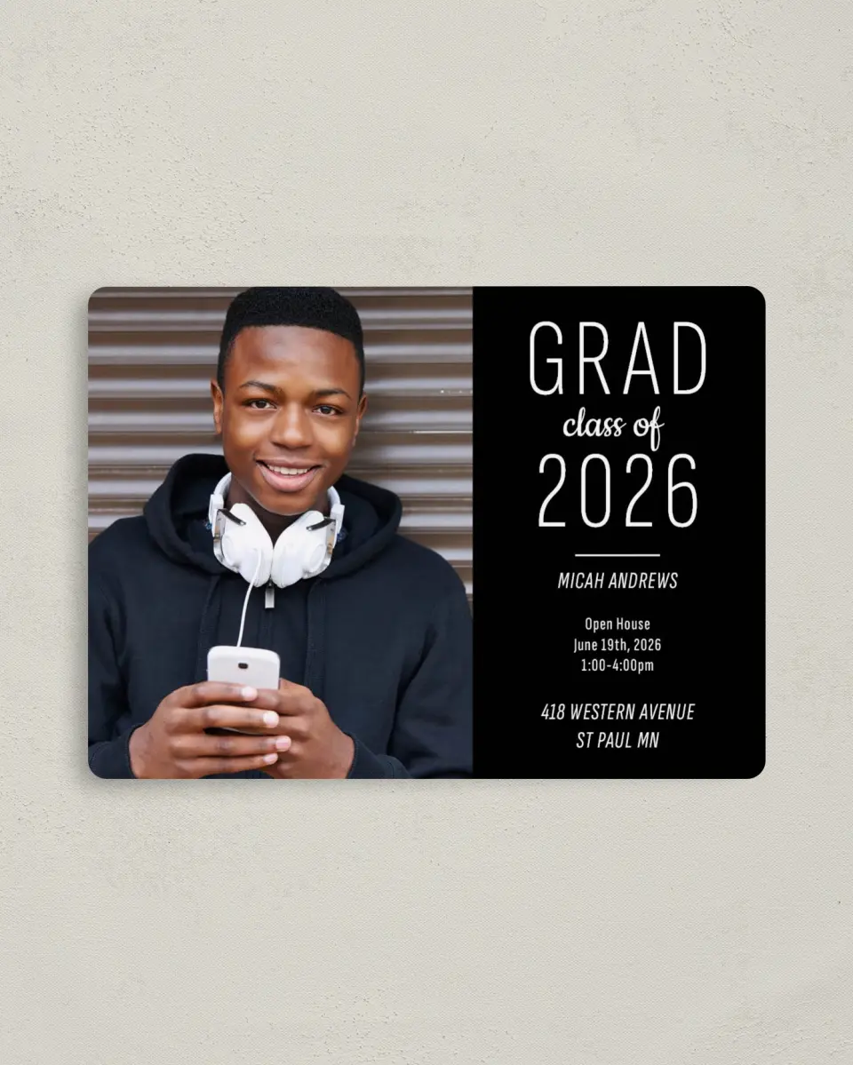 This is a 4" x 5½" Graduation Announcement Magnet called Graduation Glow printed in full color with a Luxe Satin finish