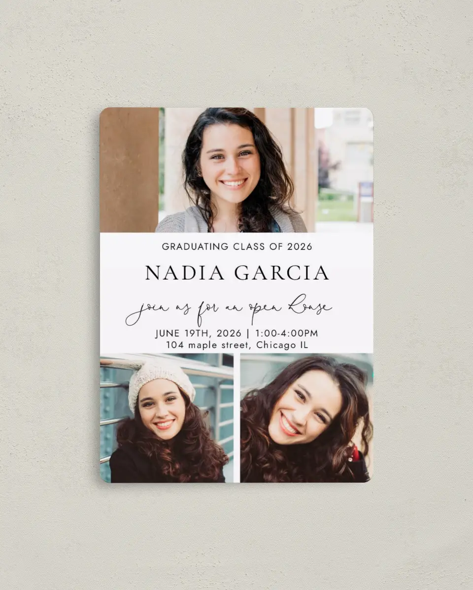 This is a 4" x 5½" Graduation Announcement Magnet called Chic Charm printed in full color with a Luxe Satin finish