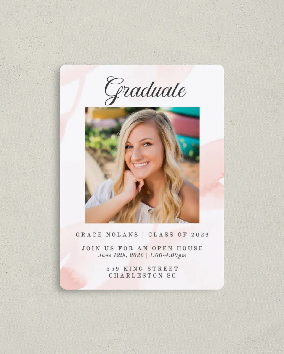 This is a 4" x 5½" Graduation Announcement Magnet called Painted and Pretty printed in full color with a Luxe Satin finish