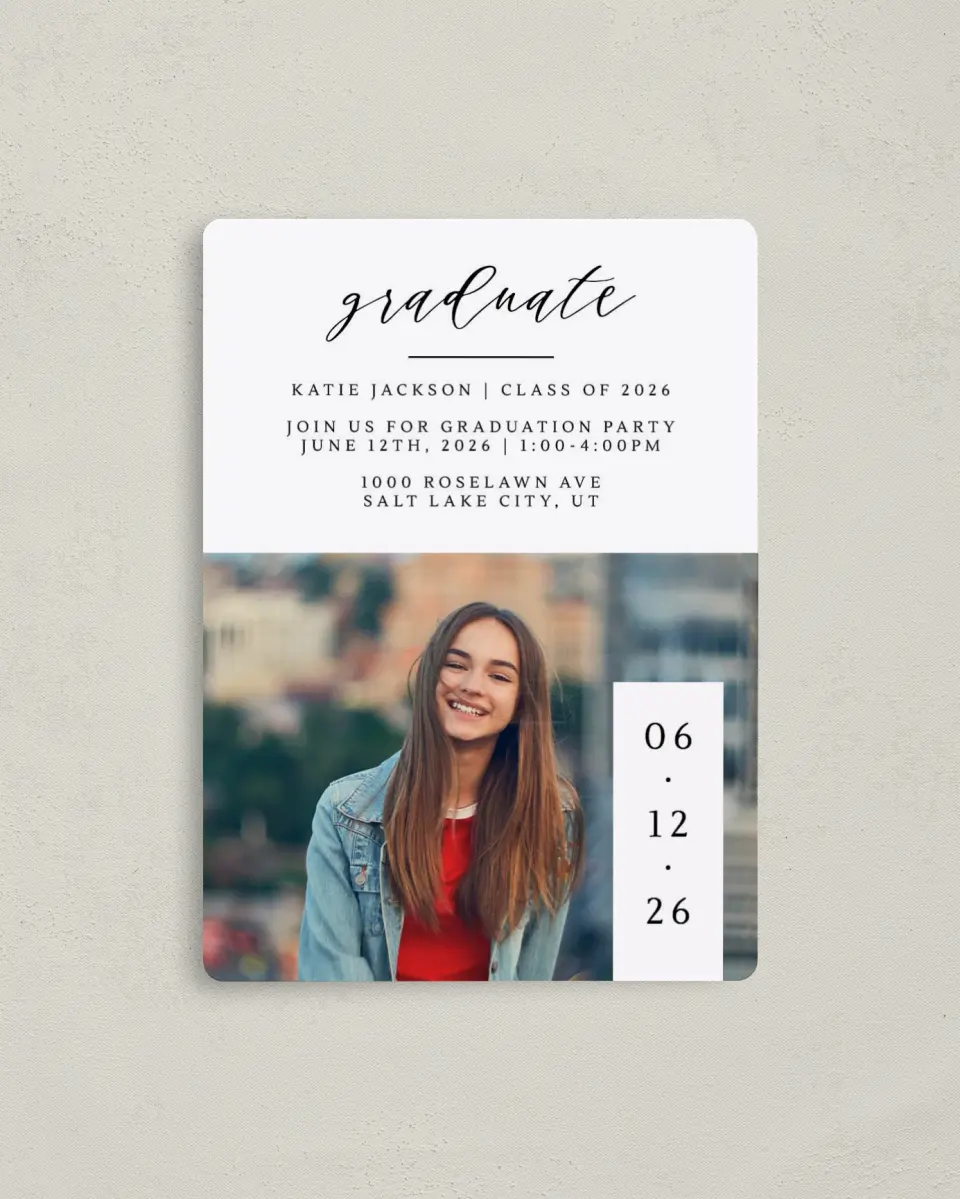This is a 4" x 5½" Graduation Announcement Magnet called Graduate Date printed in full color with a Luxe Satin finish