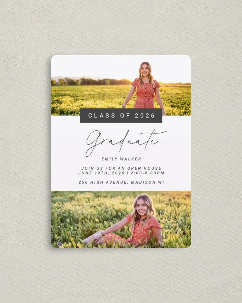 This is a 4" x 5½" Graduation Announcement Magnet called Delightful Photos printed in full color with Gold foil and a Luxe Satin finish