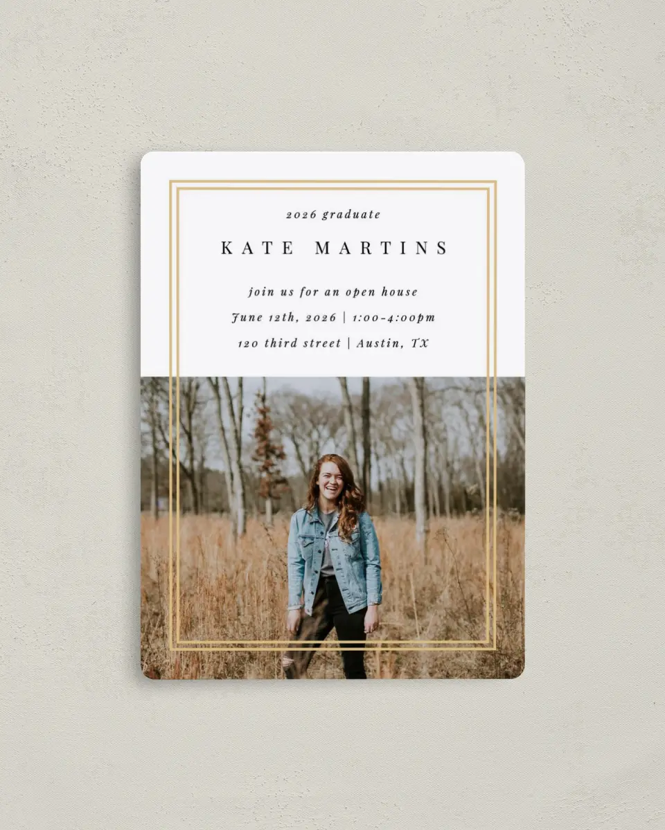 This is a 4" x 5½" Graduation Announcement Magnet called Fine Frame printed in full color with Gold foil and a Luxe Satin finish
