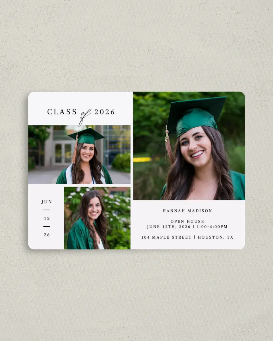 This is a 4" x 5½" Graduation Announcement Magnet called Crisp Celebration printed in full color with Gold foil and a Luxe Satin finish