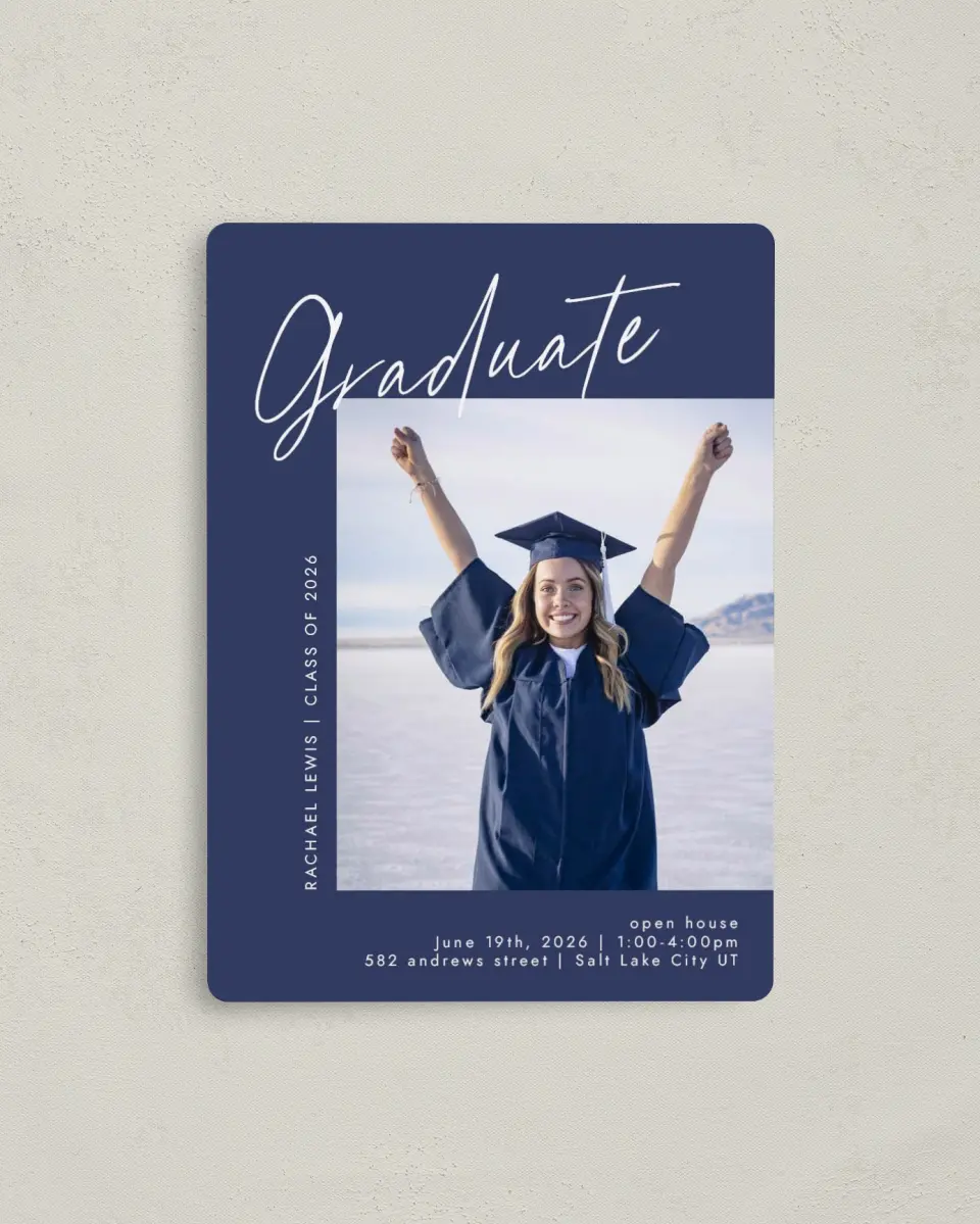 This is a 4" x 5½" Graduation Announcement Magnet called Smart Script printed in full color with a Luxe Satin finish
