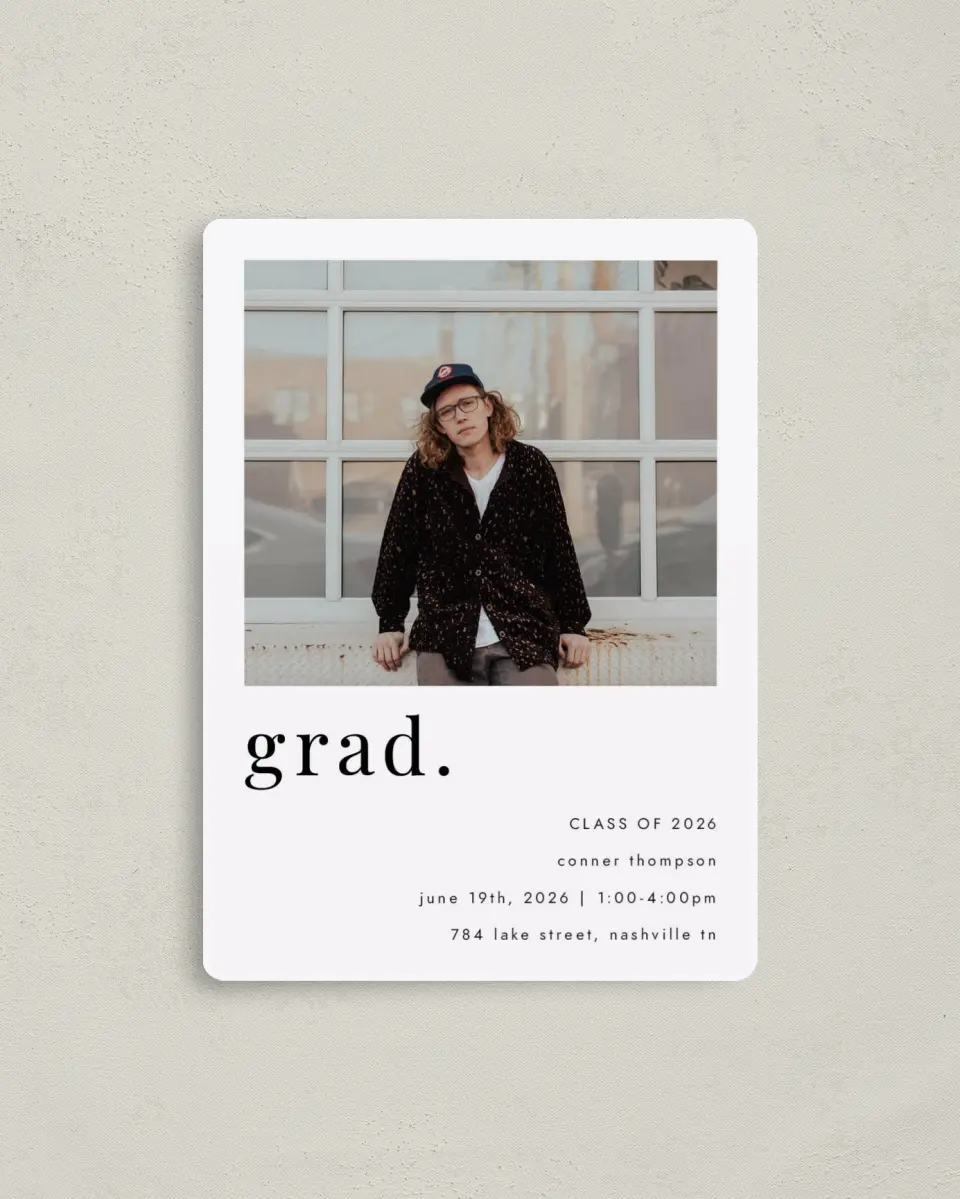 This is a 4" x 5½" Graduation Announcement Magnet called Grad, Period printed in full color with a Luxe Satin finish