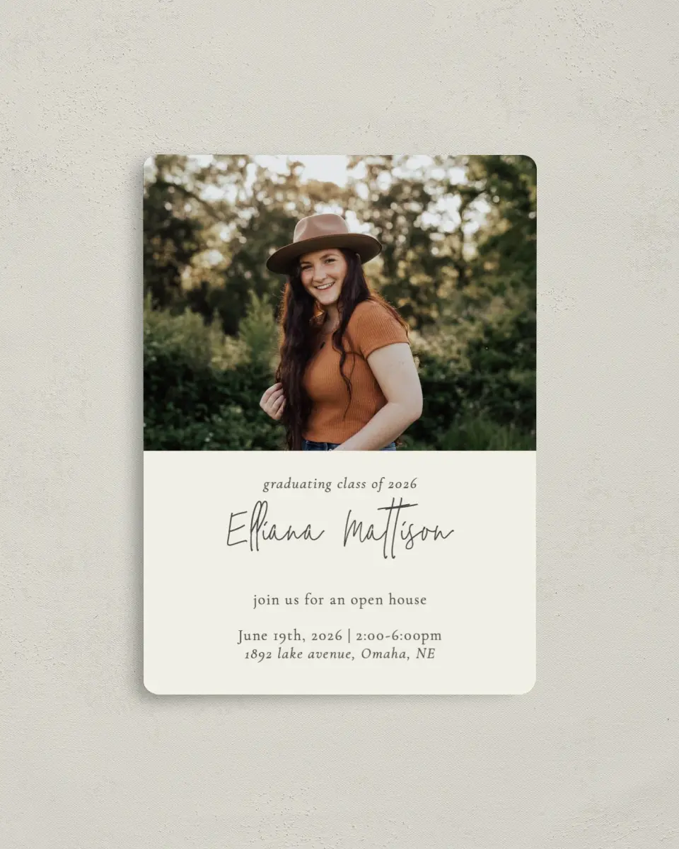 This is a 4" x 5½" Graduation Announcement Magnet called Evenly Balanced printed in full color with a Luxe Satin finish