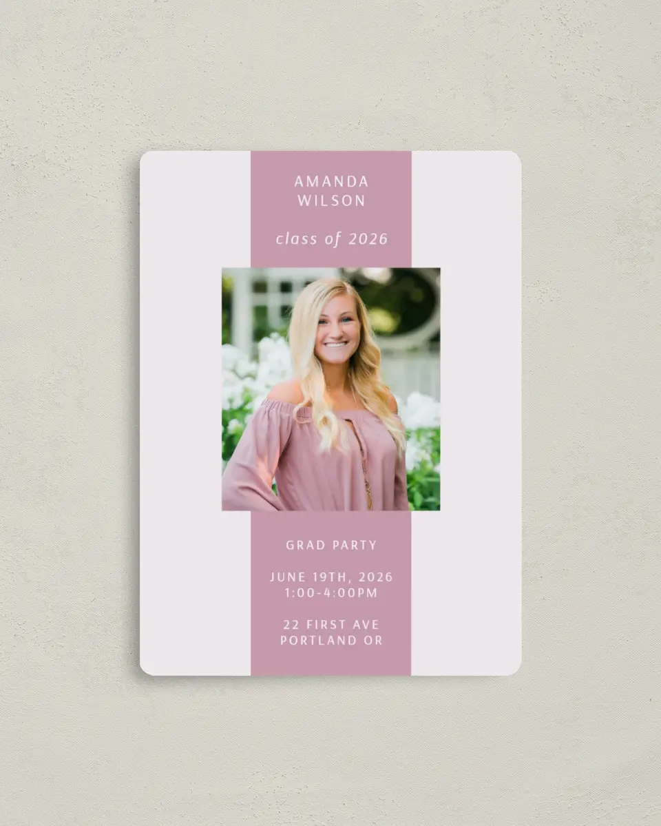 This is a 4" x 5½" Graduation Announcement Magnet called Broad Stripe printed in full color with a Luxe Satin finish