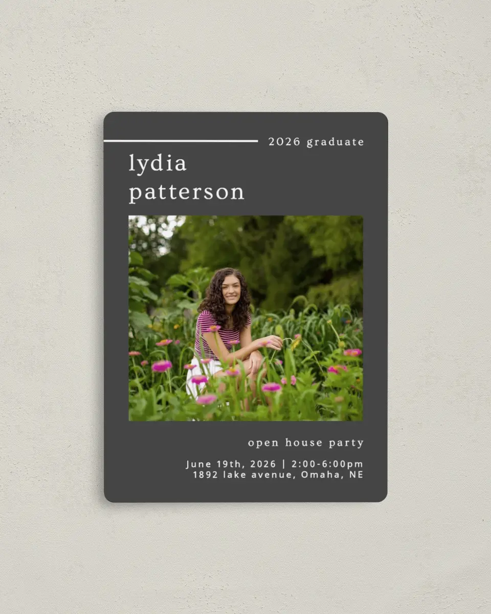 This is a 4" x 5½" Graduation Announcement Magnet called Mild Mannered printed in full color with a Luxe Satin finish