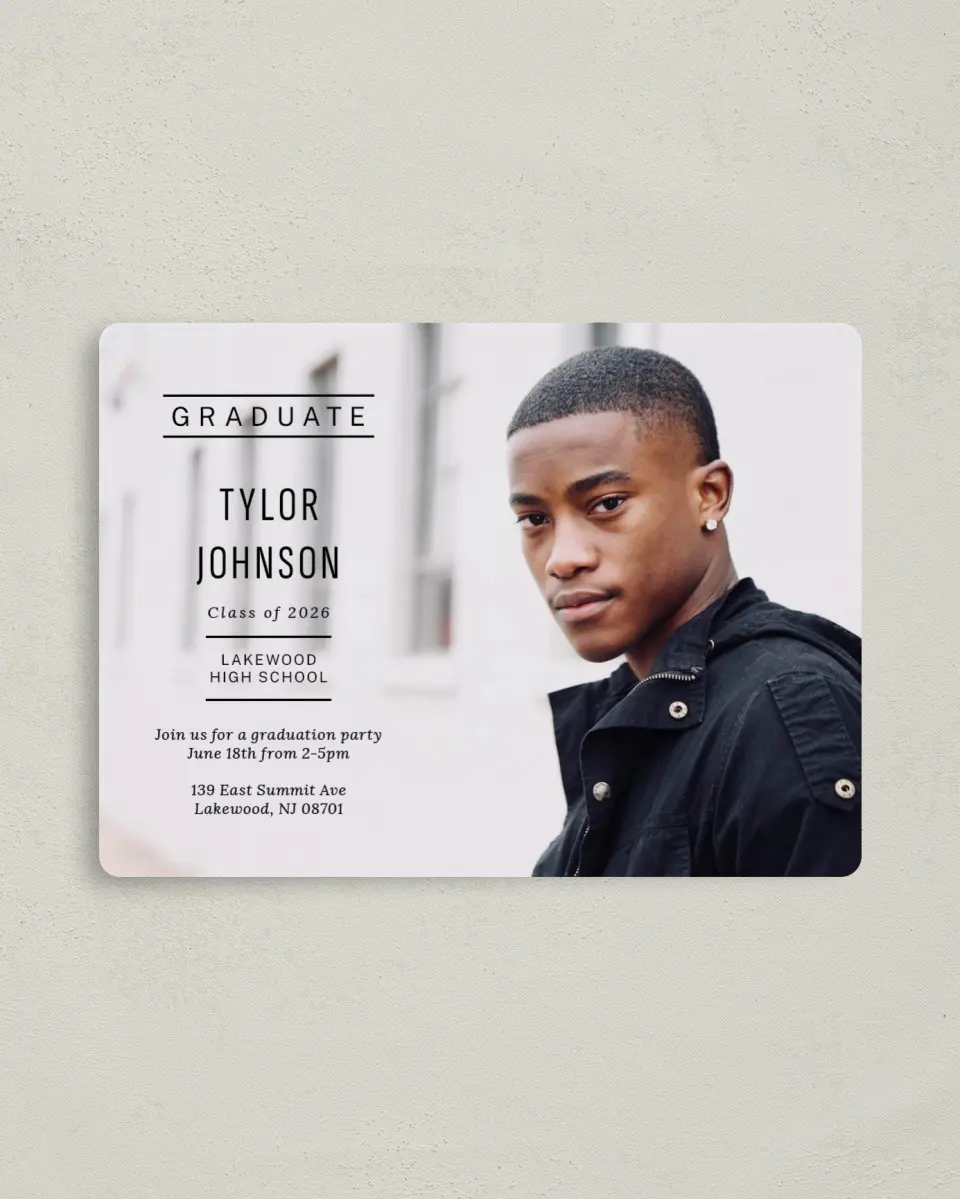 This is a 4" x 5½" Graduation Announcement Magnet called Meet the Grad printed in full color with Gold foil and a Luxe Satin finish
