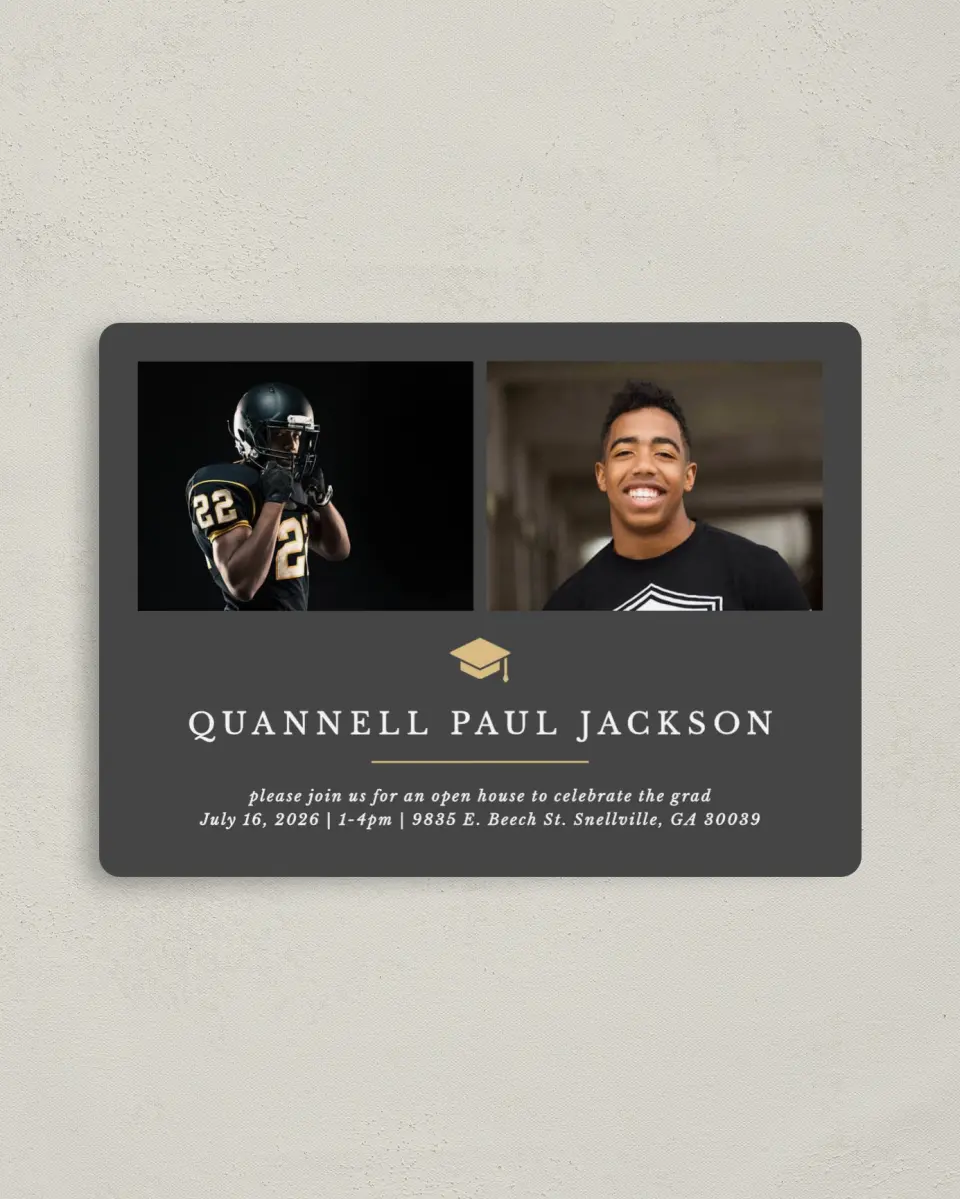 This is a 4" x 5½" Graduation Announcement Magnet called Humble Cap printed in full color with a Luxe Satin finish