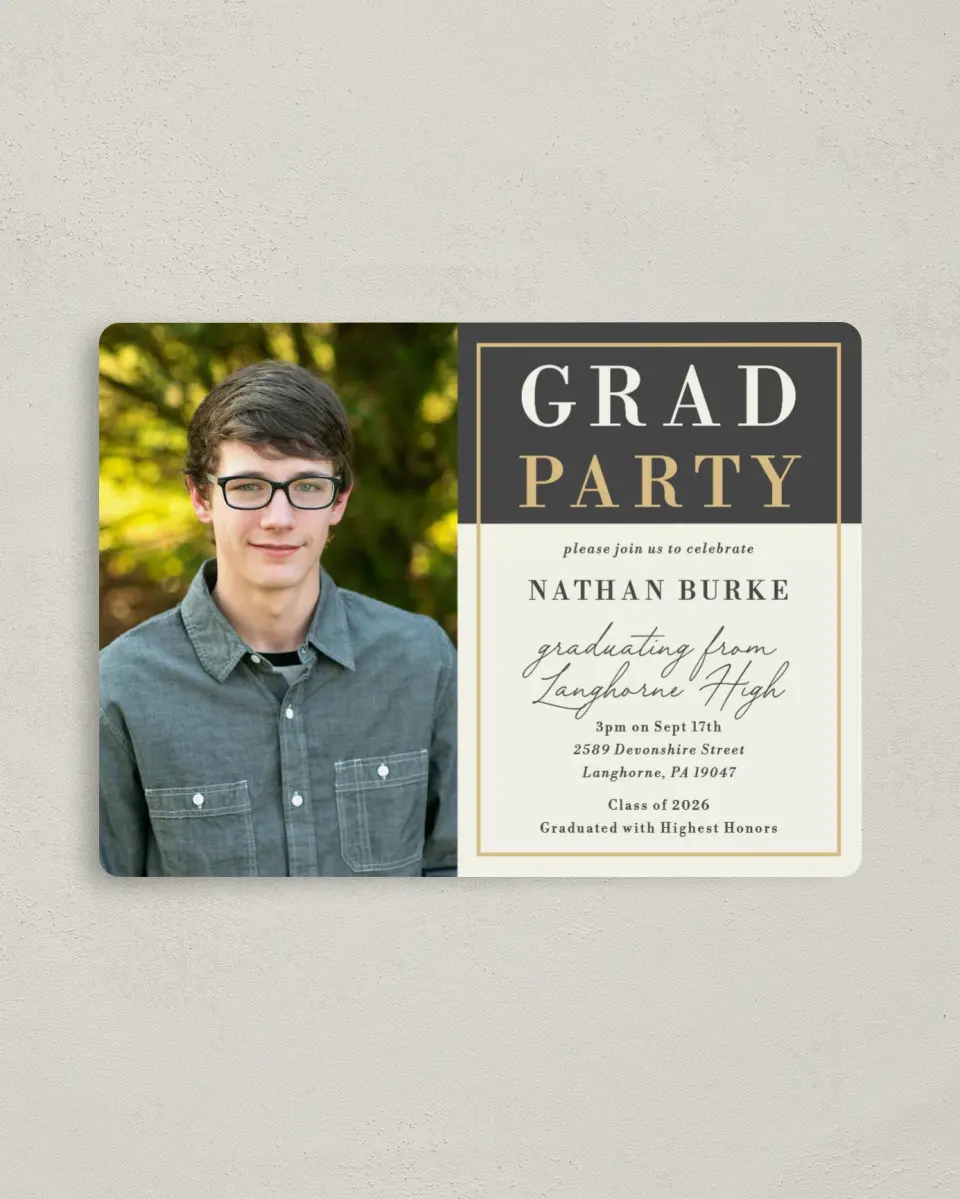 This is a 4" x 5½" Graduation Announcement Magnet called Grad Party printed in full color with a Luxe Satin finish