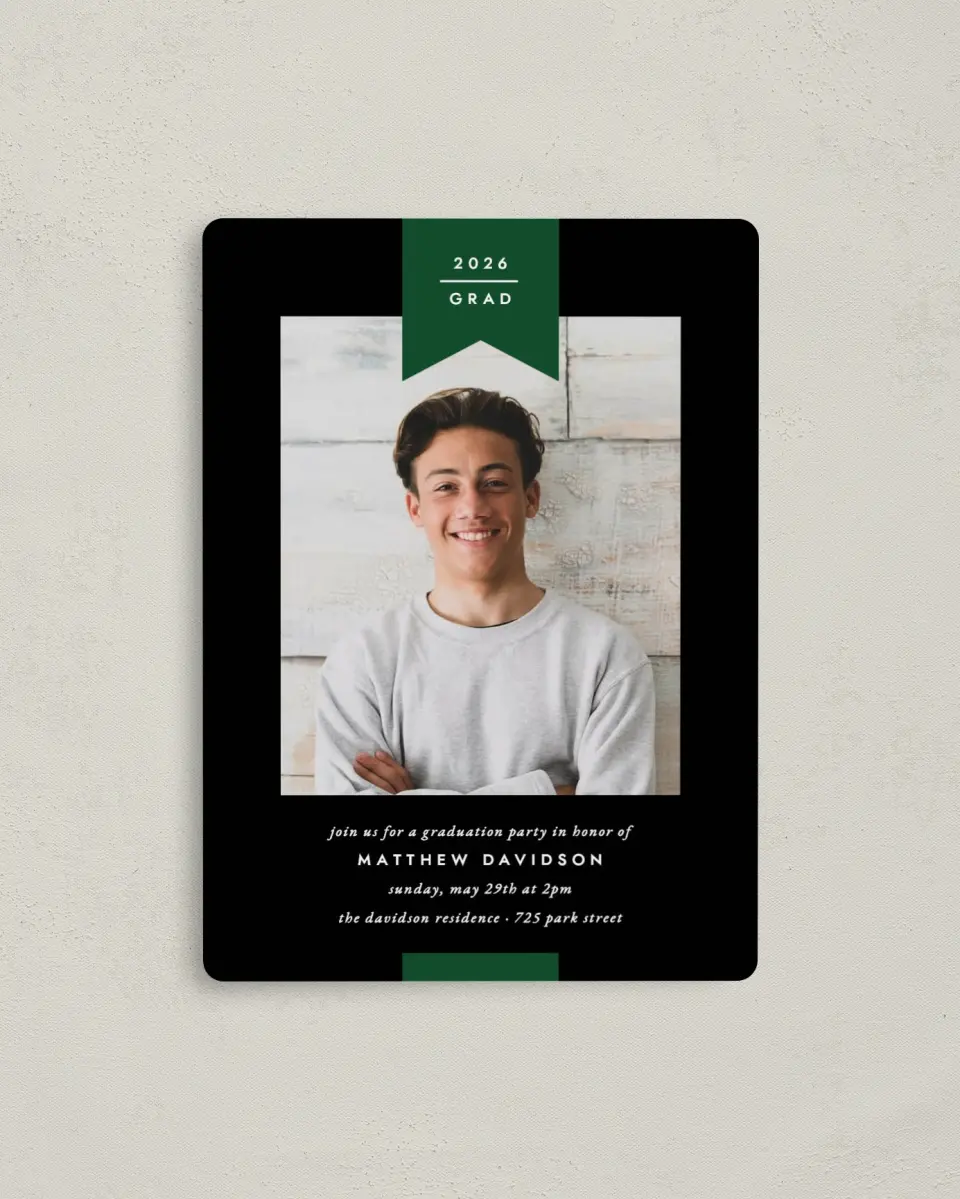 This is a 4" x 5½" Graduation Announcement Magnet called Grad Banner printed in full color with a Luxe Satin finish