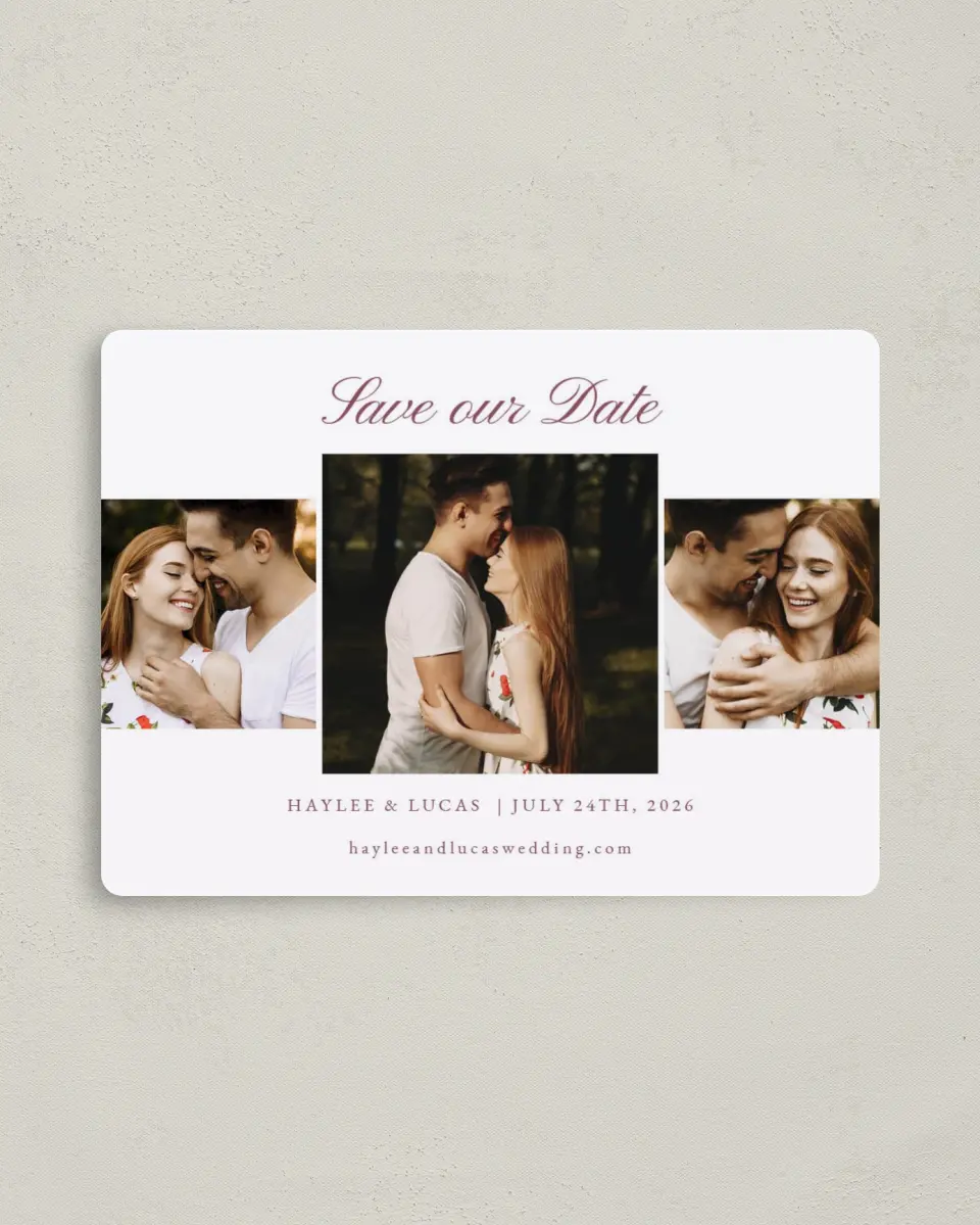 This is a 4" x 5½" Save the Date Magnet called Quietly Quaint printed in full color with a Luxe Satin finish