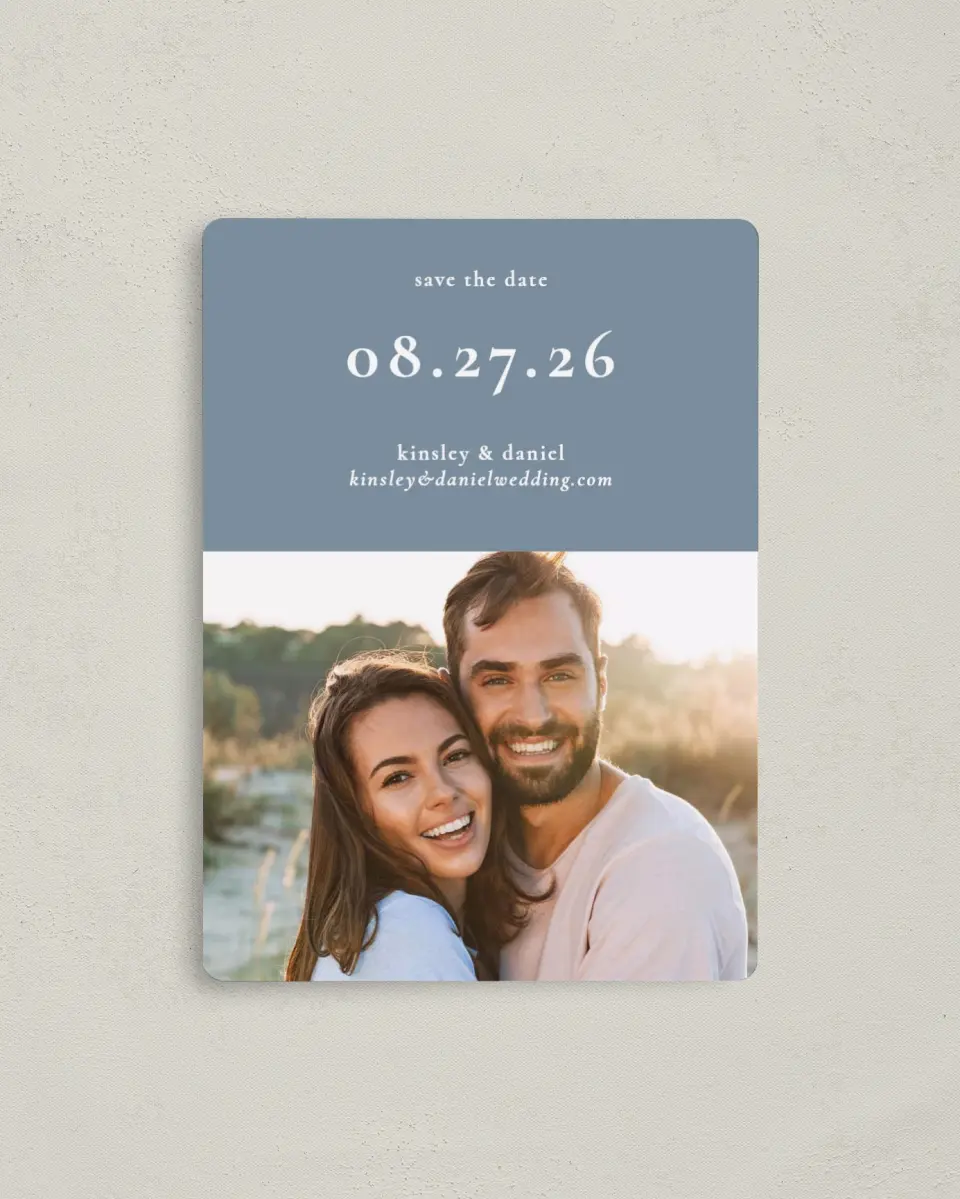 This is a 4" x 5½" Save the Date Magnet called Fine Floret printed in full color with a Luxe Satin finish