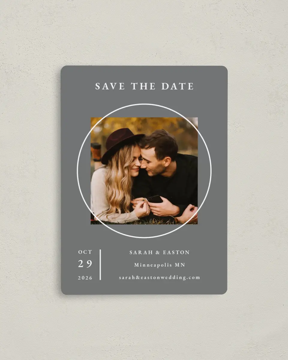 This is a 4" x 5½" Save the Date Magnet called Heavenly Harmony printed in full color with a Luxe Satin finish