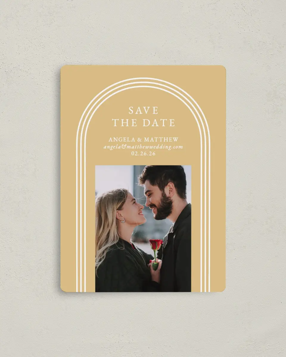 This is a 4" x 5½" Save the Date Magnet called Charming Arch printed in full color with a Luxe Satin finish