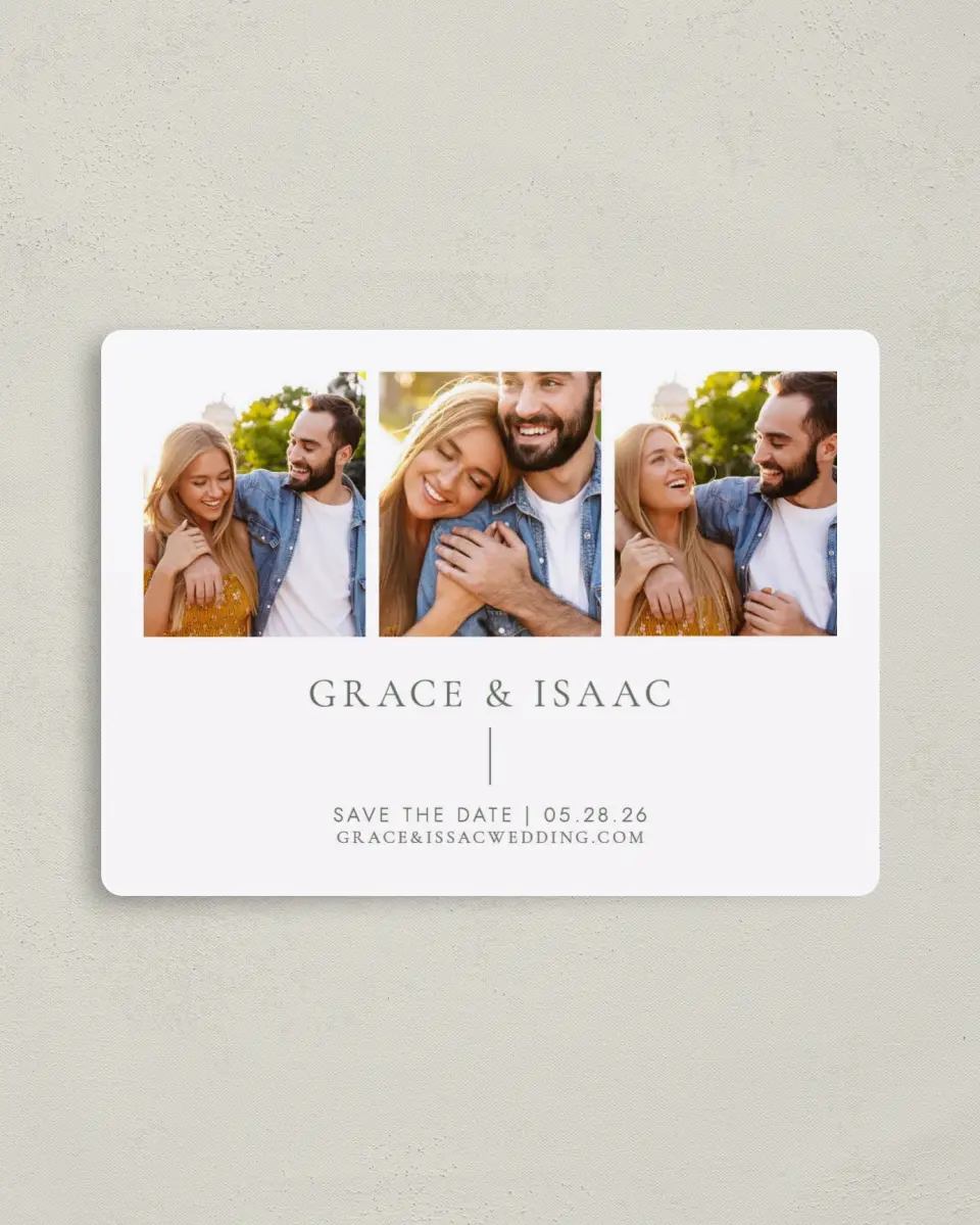 This is a 4" x 5½" Save the Date Magnet called Sweet & Neat printed in full color with a Luxe Satin finish