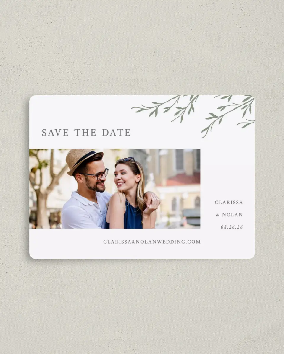 This is a 4" x 5½" Save the Date Magnet called Bright Greens printed in full color with a Luxe Satin finish