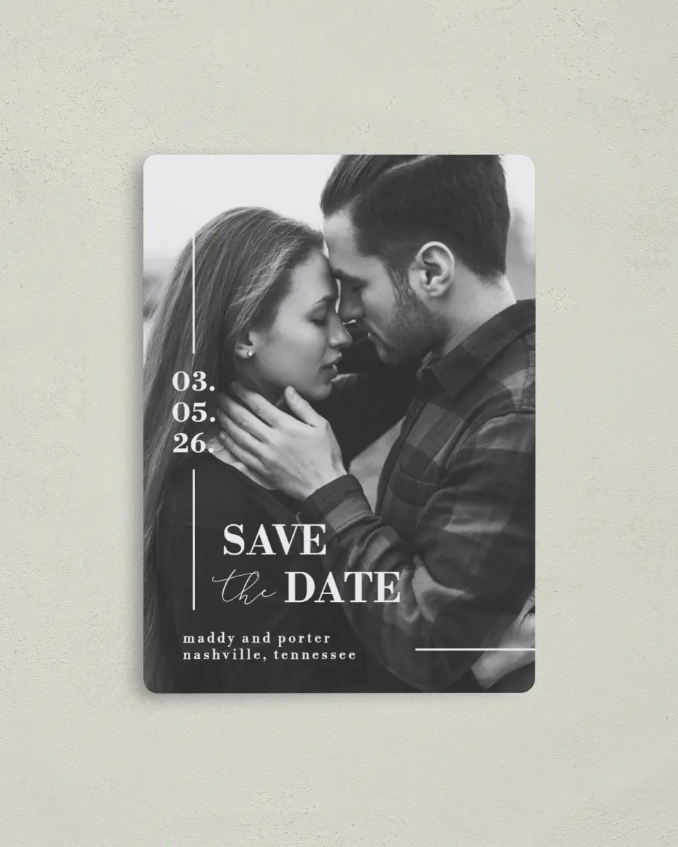 This is a 4" x 5½" Save the Date Magnet called For Eternity printed in full color with a Luxe Satin finish