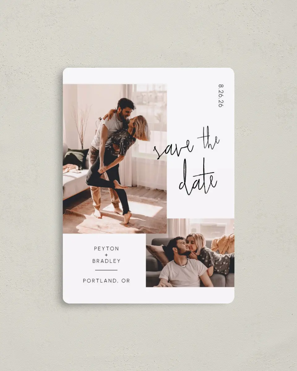 This is a 4" x 5½" Save the Date Magnet called Mod Aesthetic printed in full color with a Luxe Satin finish