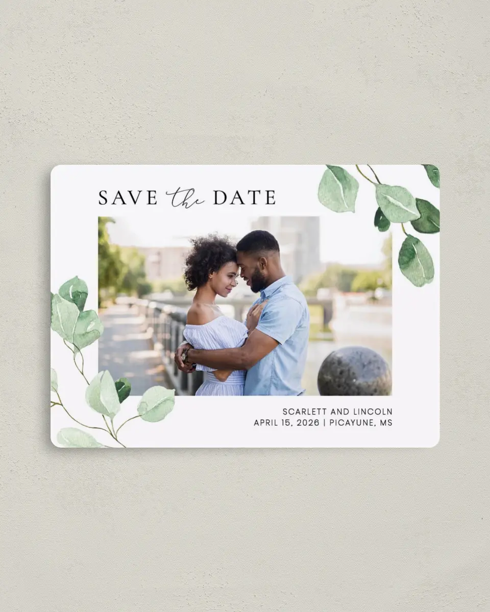 This is a 4" x 5½" Save the Date Magnet called Sweet Greenery printed in full color with a Luxe Satin finish