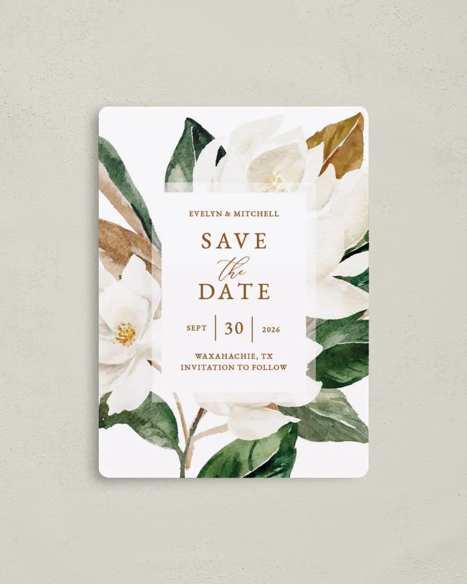 This is a 4" x 5½" Save the Date Magnet called Soft Magnolia printed in full color with a Luxe Satin finish